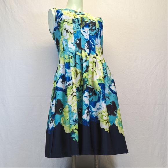 Vince Camuto Pleated Sleeveless Floral Mini Dress Green and Blue Roses - Picture 2 of 13